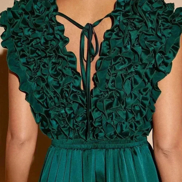 Green Party Women's Plunging Neck Ruffle Wide Leg Jumpsuit - Picture 5 of 6